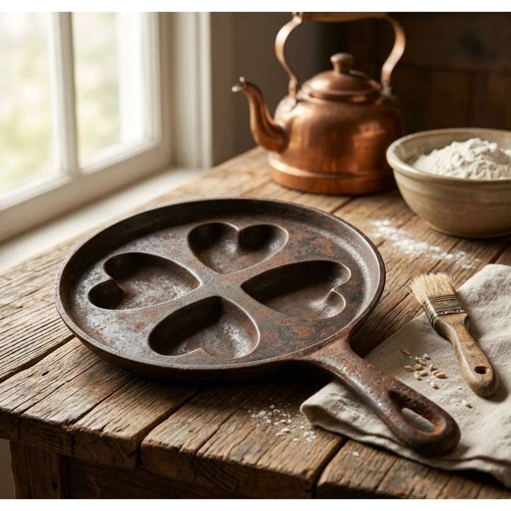 Antique French Coeur De Fer Cast Iron 4 Heart Patty Cake Pan Primitive Mold Rare